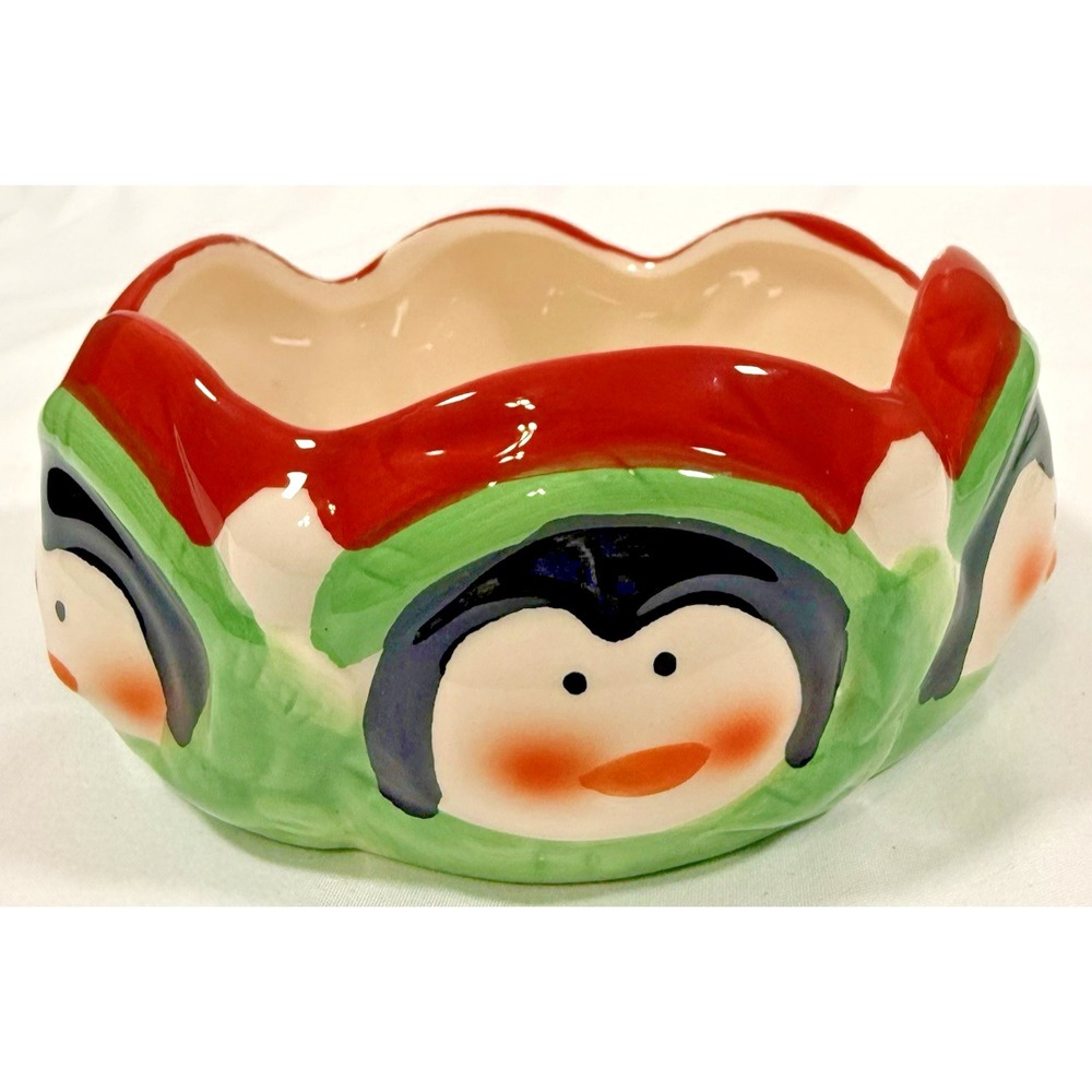 Royal Norfolk Penguin Candy Bowl Small Green Red Festive Ceramic Dish